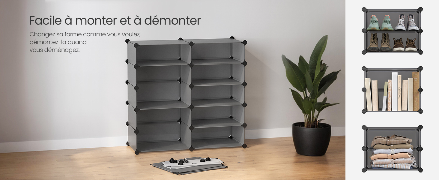 Meuble de rangement modulaire gris à plusieurs compartiments. Le texte indique qu'il est facile à monter et à démonter. Plusieurs configurations sont présentées, y compris une étagère et une étagère à chaussures