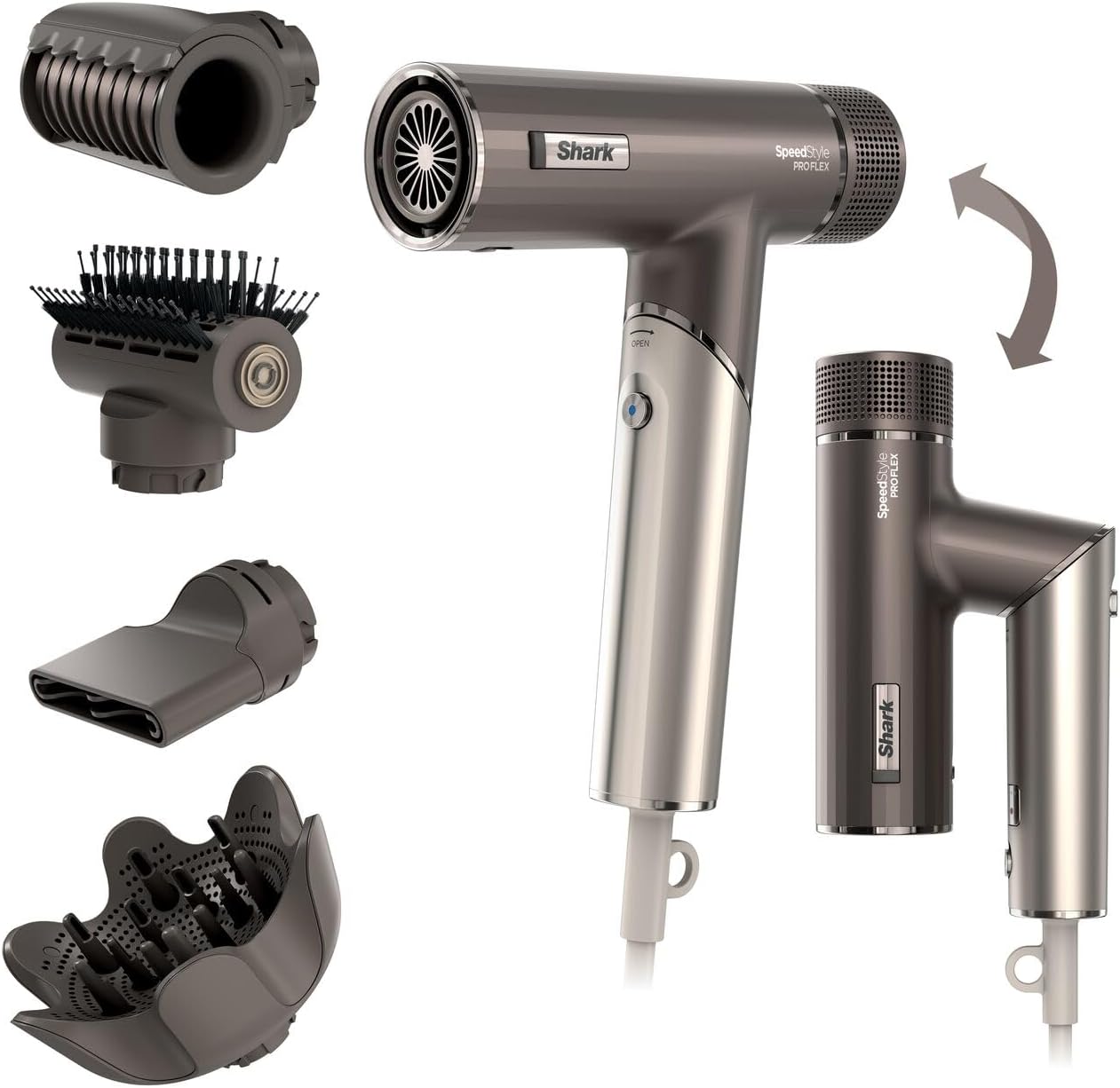 Shark - sèche-cheveux SpeedStyle Pro Flex, léger, ionique, poignée pliante, 4 embouts, moka argent, HD542EU