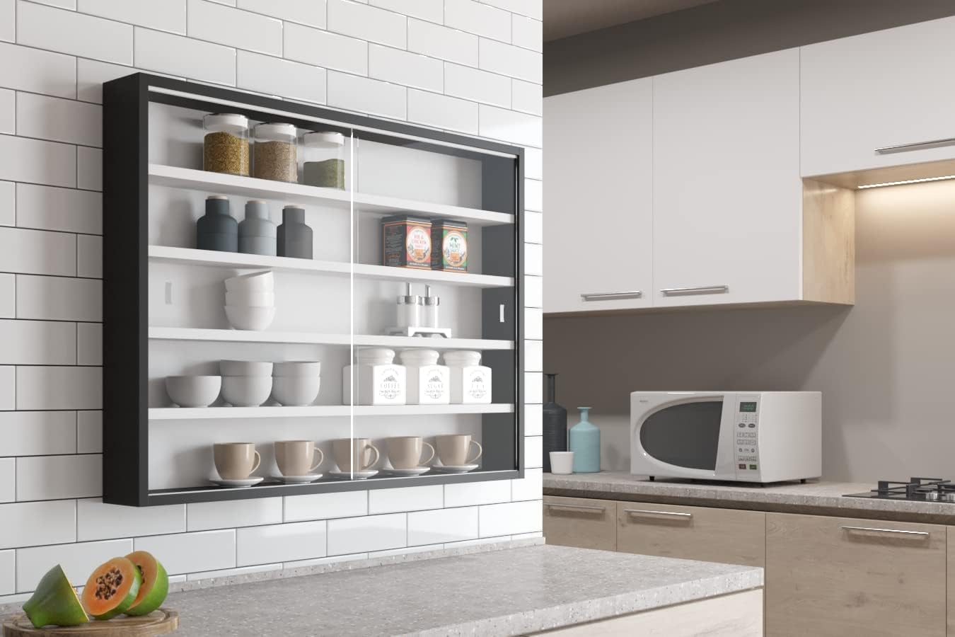 Inter Link - Vitrine Murale - 4 étagères, 5 compartiments, MDF noir/blanc