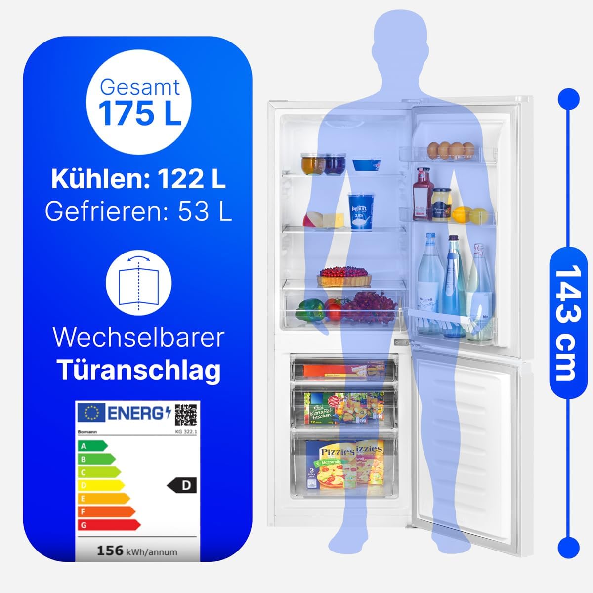 Bomann - KG322-1-blanc - réfrigérateur congélateur blanc 175L, contrôle température, pieds réglables