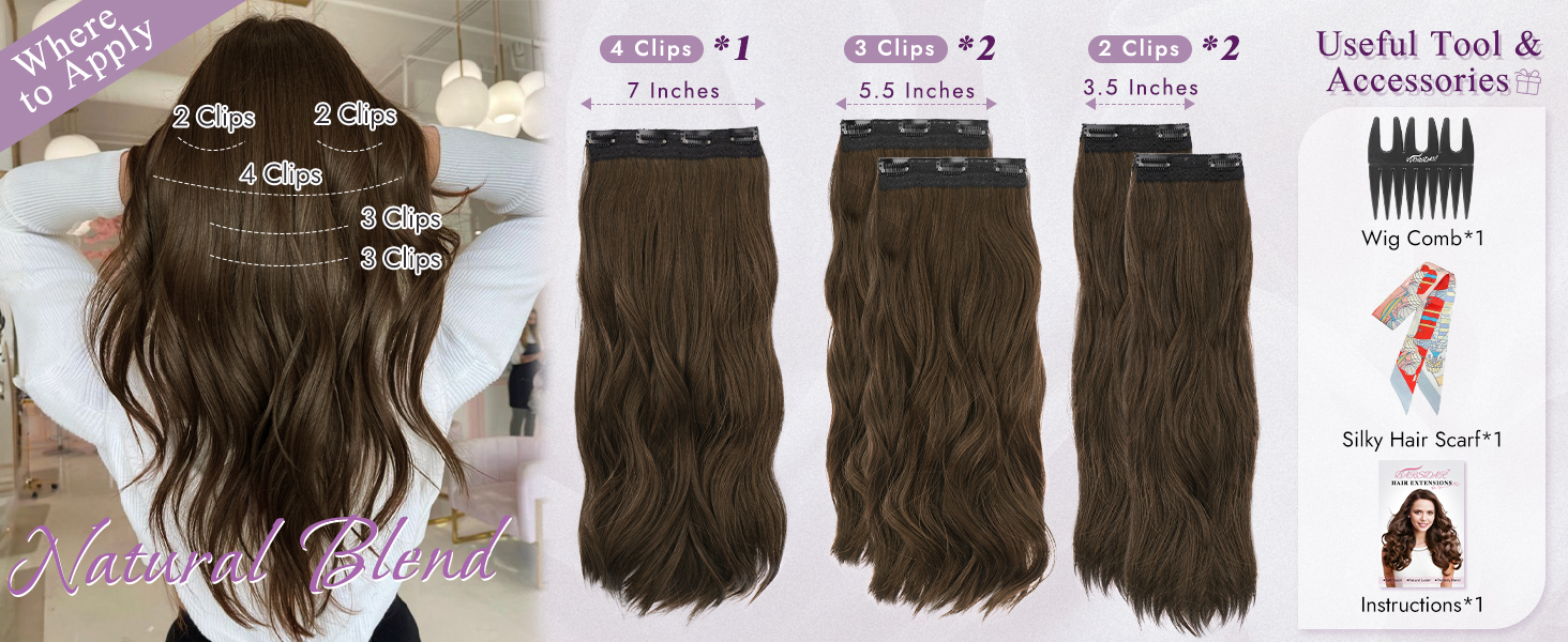 avec démonstration de l'application à clipser, trois tailles de trame et accessoires. Montre des extensions ondulées brunes de 16 pouces, 18 pouces et 20 pouces de longueur