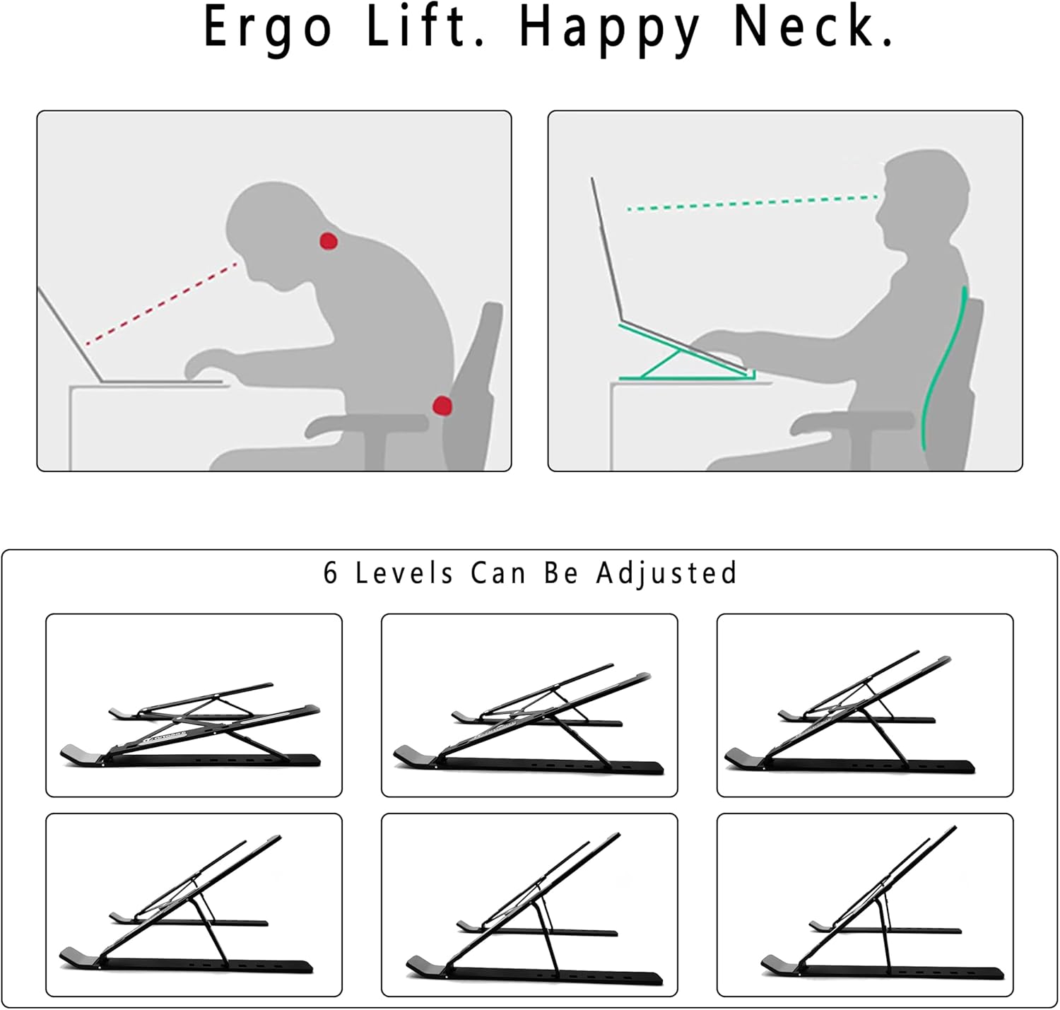 AiTodos - Support ordinateur portable aluminium - léger pliable, 6 réglages, dissipation chaleur, compact - Noir
