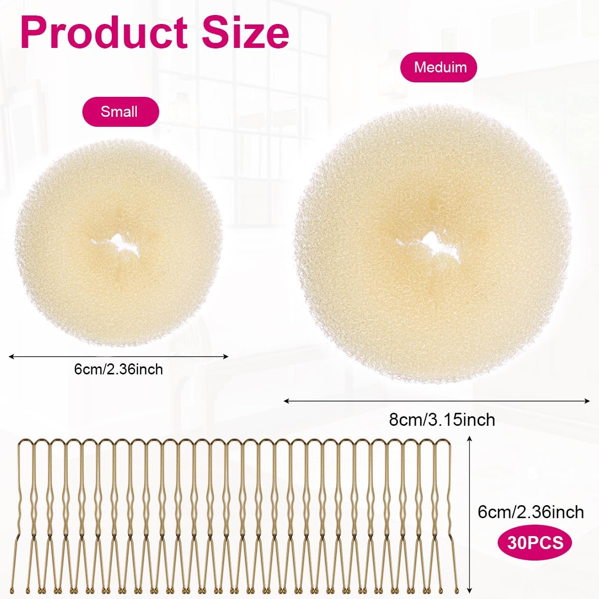 URAQT - machine à chignons donuts - 6+8cm - 4 donuts, 30 épingles, jaune crème