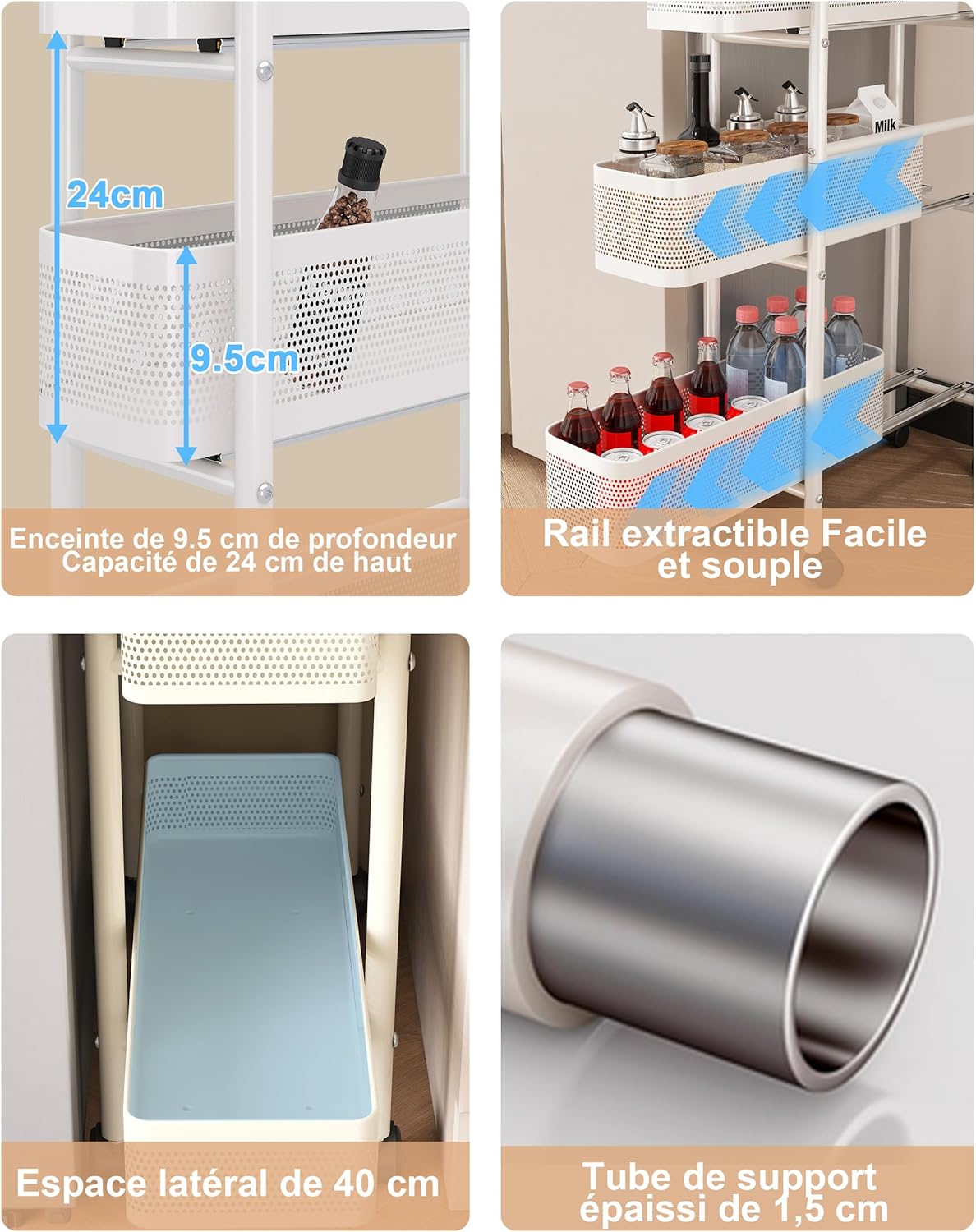 UMDONX - Chariot de rangement 5 niveaux, métal, étroit, tiroirs, blanc