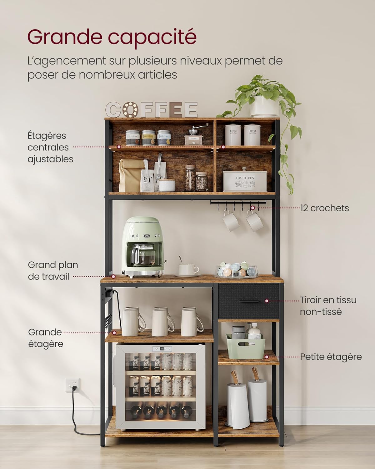 VASAGLE - étagère cuisine série bar café - 40x100x180 cm - multiprise, tiroir tissu, étagères réglables, 12 crochets - K