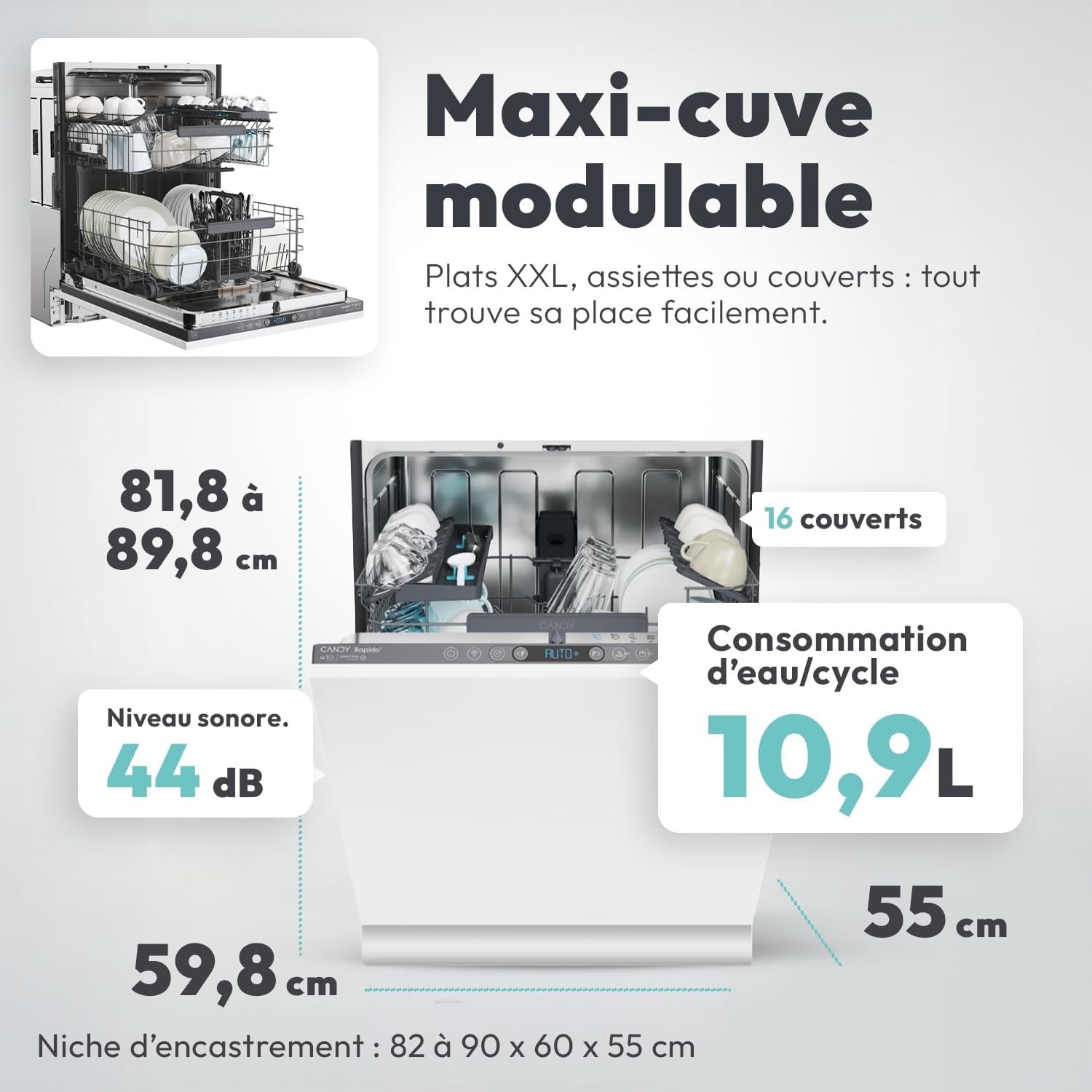 Candy - Série CI - 81,8x59,7x55,5 cm - 16 couverts, classe C, contrôle à distance, CI 6C4F0A