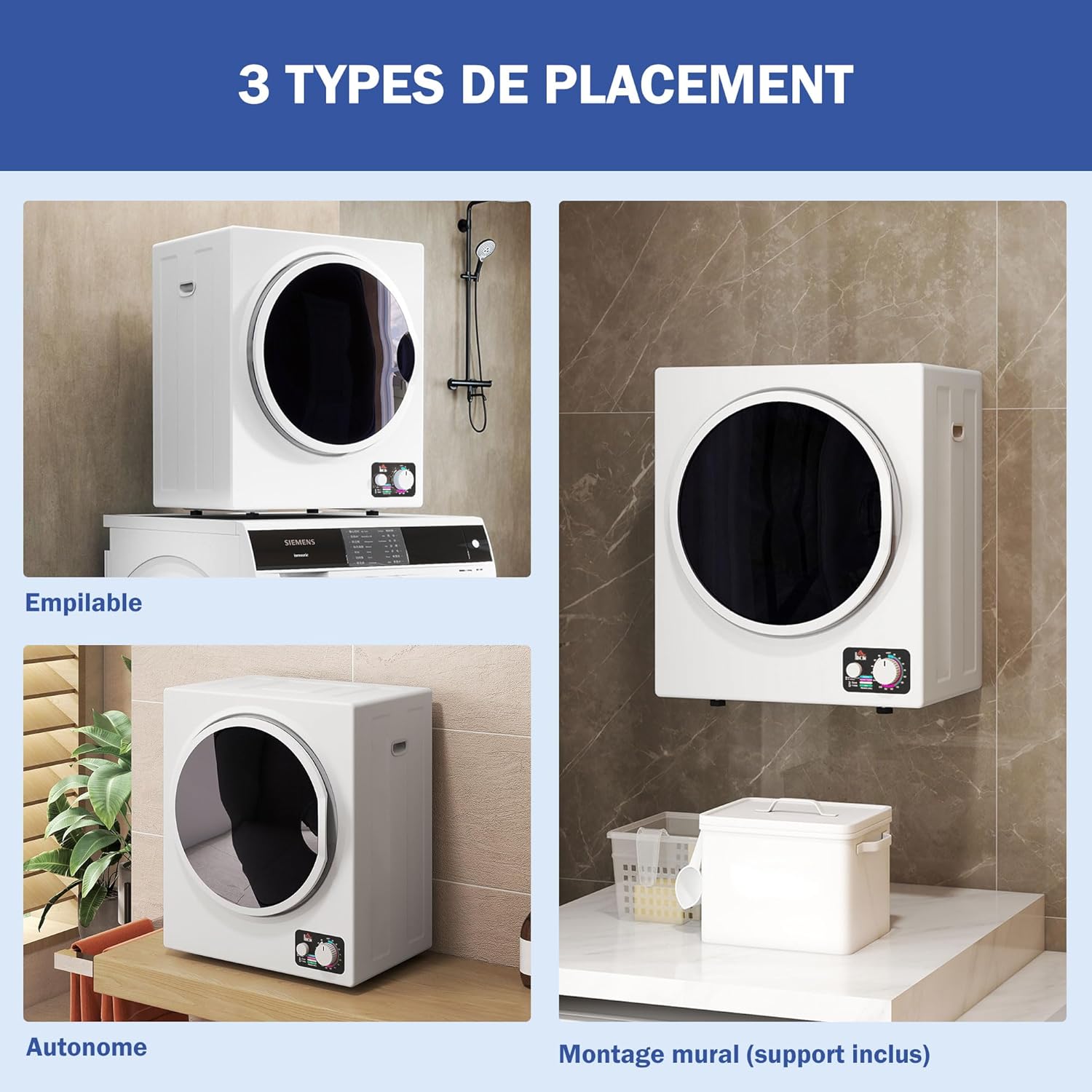 HOMCOM - sèche-linge portable 2,5kg - 850W, 4 modes, mural