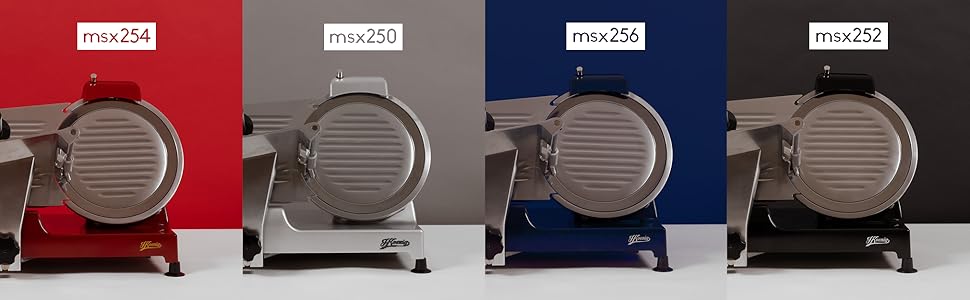 Série d'images de trancheuses à viande identiques disposées en grille, montrant la même machine en acier inoxydable de qualité commerciale sous différents angles.