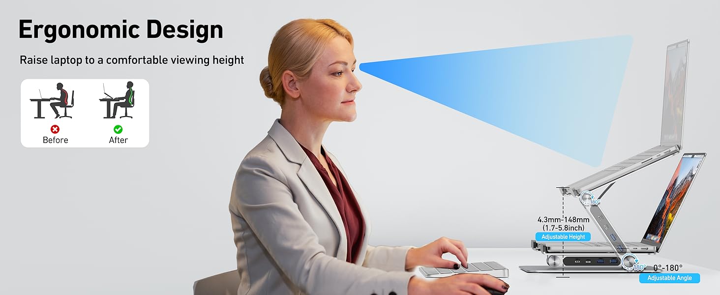 au design ergonomique, élevant l'appareil à une hauteur de vision confortable. L'illustration montre une meilleure posture lors de l'utilisation du support par rapport à l'absence de celui-ci.