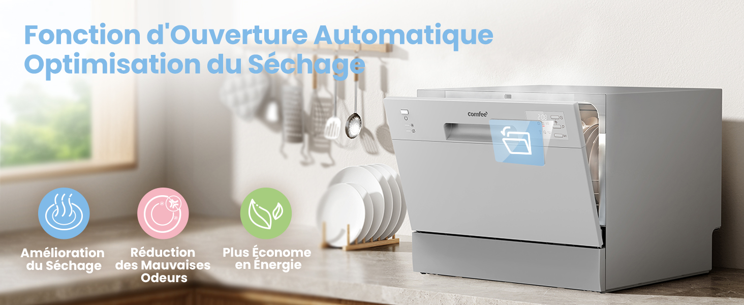 Le texte indique « Fonction d'Ouverture Automatique Optimisation du Séchage ». Démonstration du produit montrant un dispositif mécanique en argent doté de fonctions de commande.