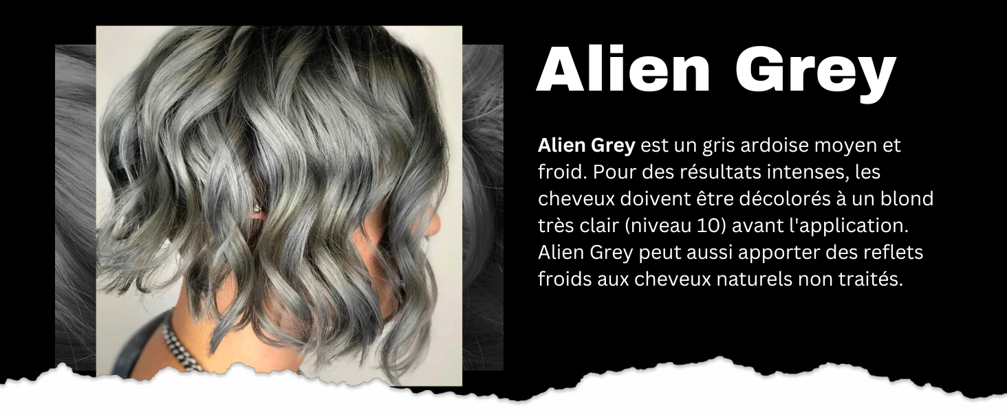 Publicité d'un produit de teinture capillaire montrant une personne aux cheveux courts gris argenté. L'image met en valeur la teinte métallique aux tons froids obtenue avec la