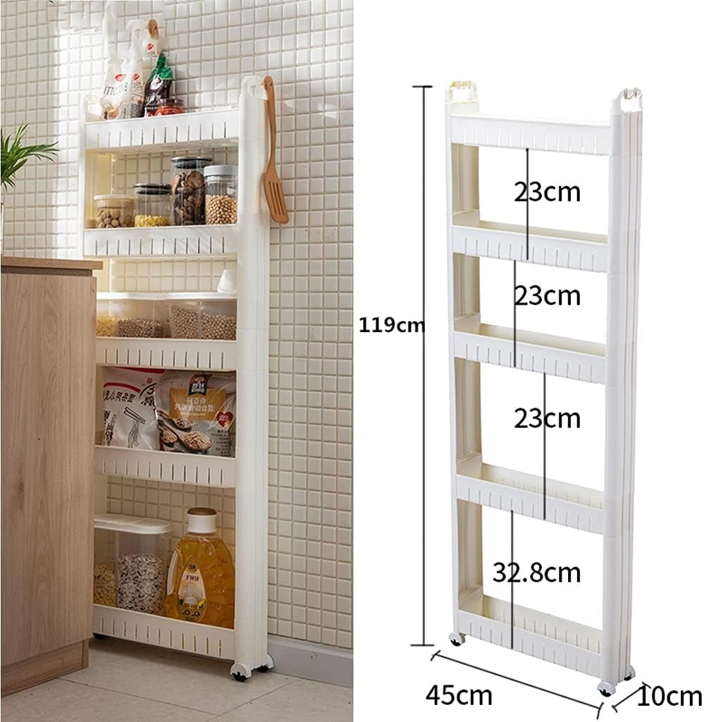 Chariot de rangement - 5 niveaux, 10 cm largeur, plastique blanc, roulettes