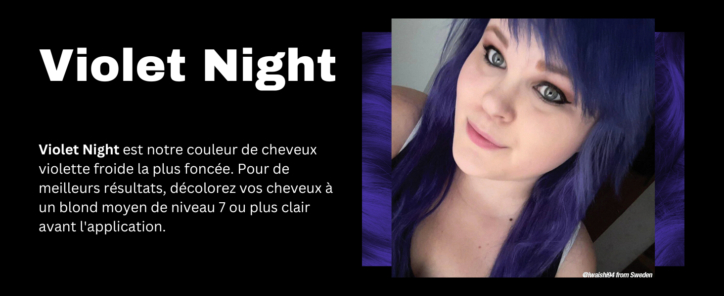 pour la teinture capillaire Violet Night. L'image montre une couleur de cheveux violette éclatante sur un modèle. Le texte décrit le produit comme étant la teinte violette la plus foncée pour de meilleurs résultats