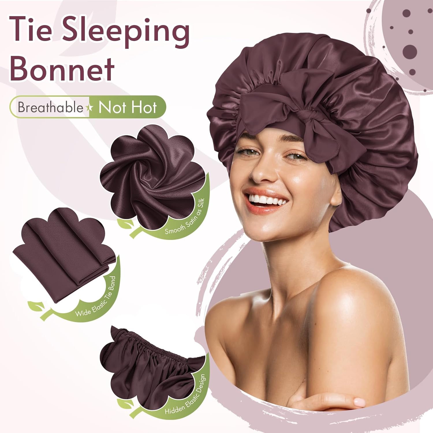 BONNET QUEEN - bonnet satin moyen - ajustable, elastique long, rouge brun