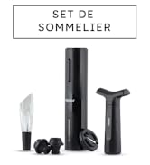 Le texte se lit comme suit : « SET DE SOMMELIER ». Ensemble d'accessoires pour le vin noir comprenant un ouvre-bouteille, un coupe-film, un bouchon à vin et un aérateur sur fond blanc.