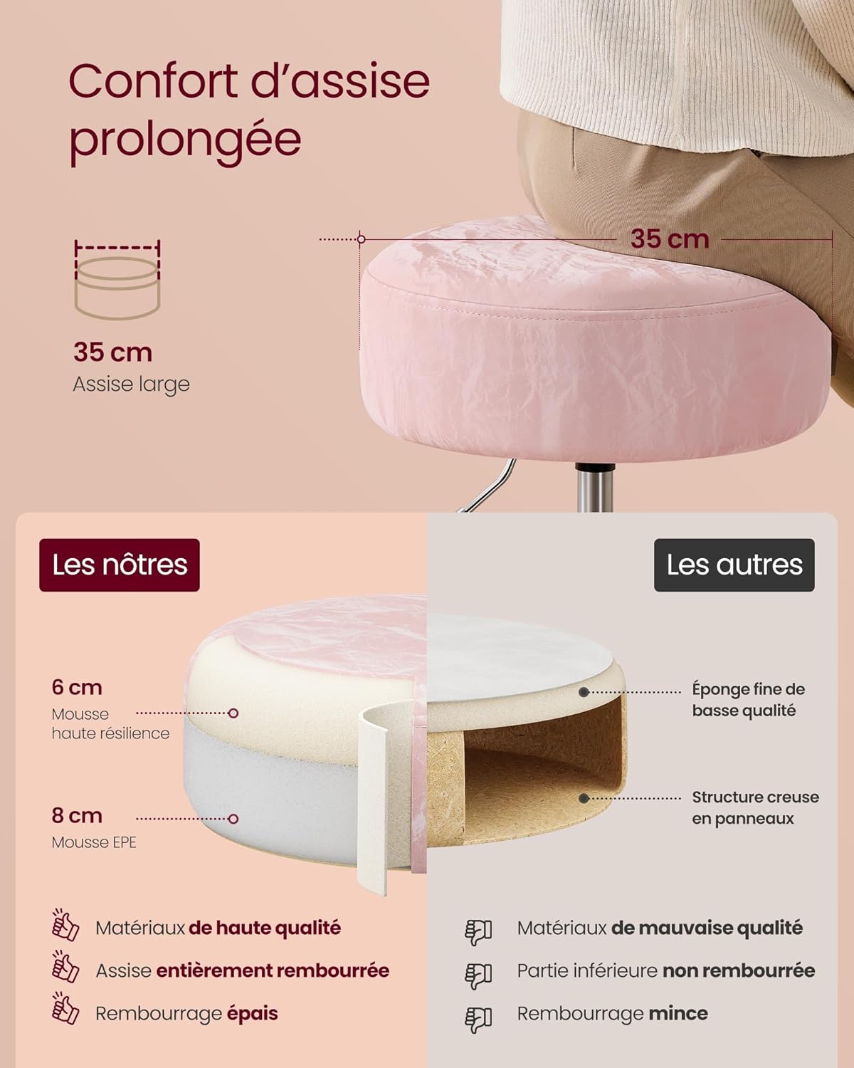 VASAGLE - Tabouret réglable, pivotant, coussin épais, PU, rose, LJB120S01