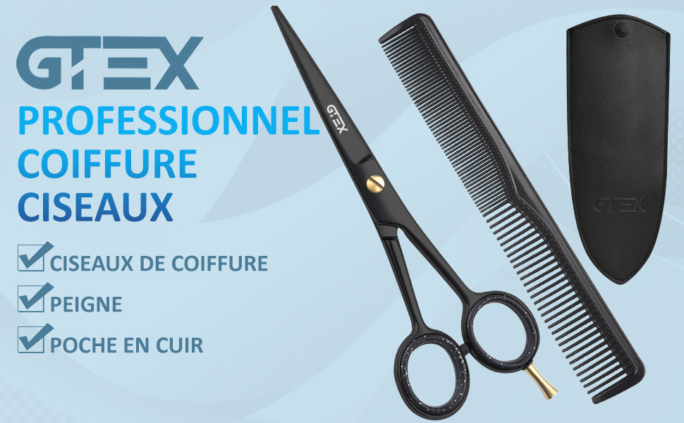 Le texte indique « G7EX PROFESSIONNEL COIFFURE CISEAUX ». Outils de coiffure professionnels, y compris des ciseaux et des peignes disposés sur fond bleu clair.