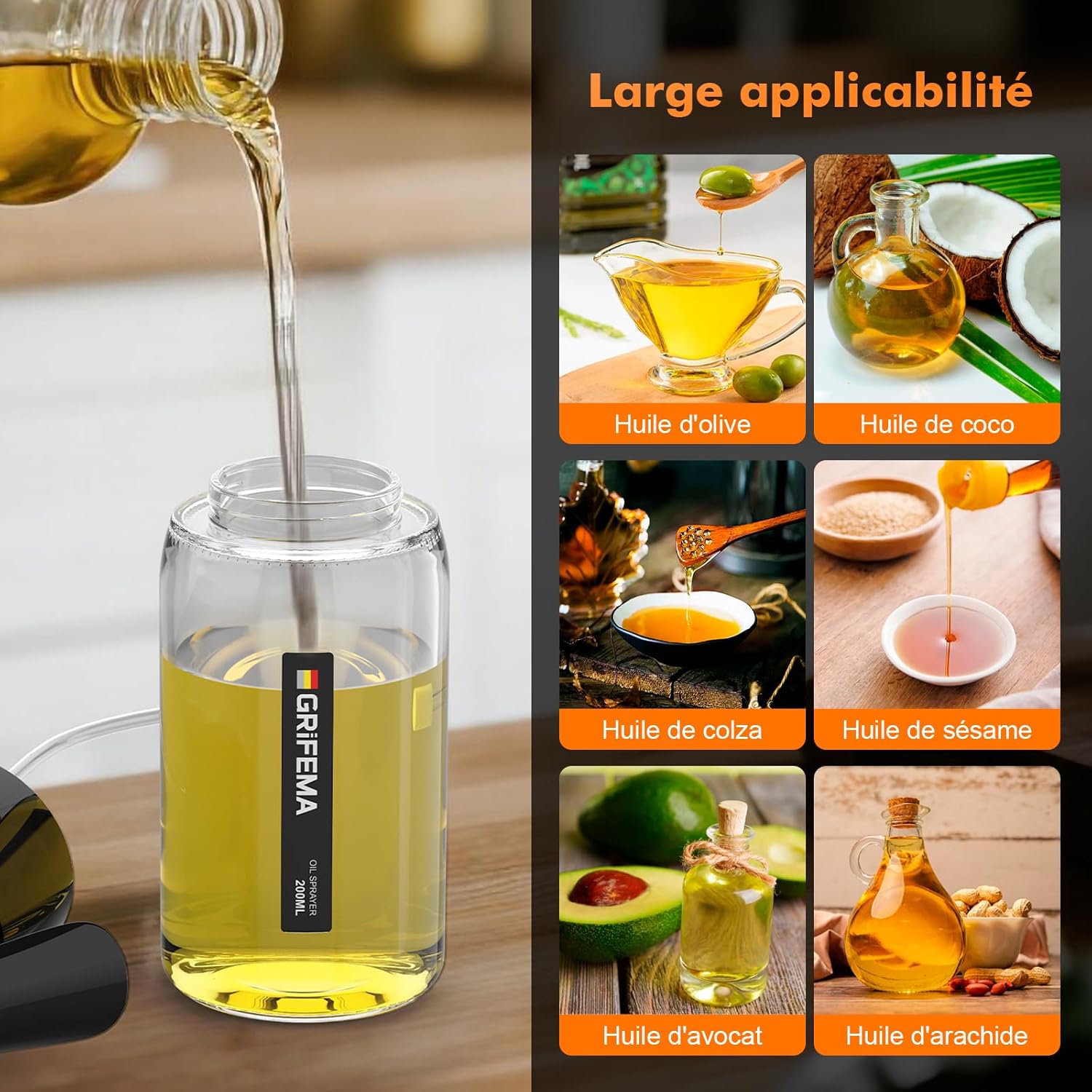 GRIFEMA - GE2003B - Pulvérisateur Huile Verre 200 ml - Jet réglable, nettoyage facile, noir