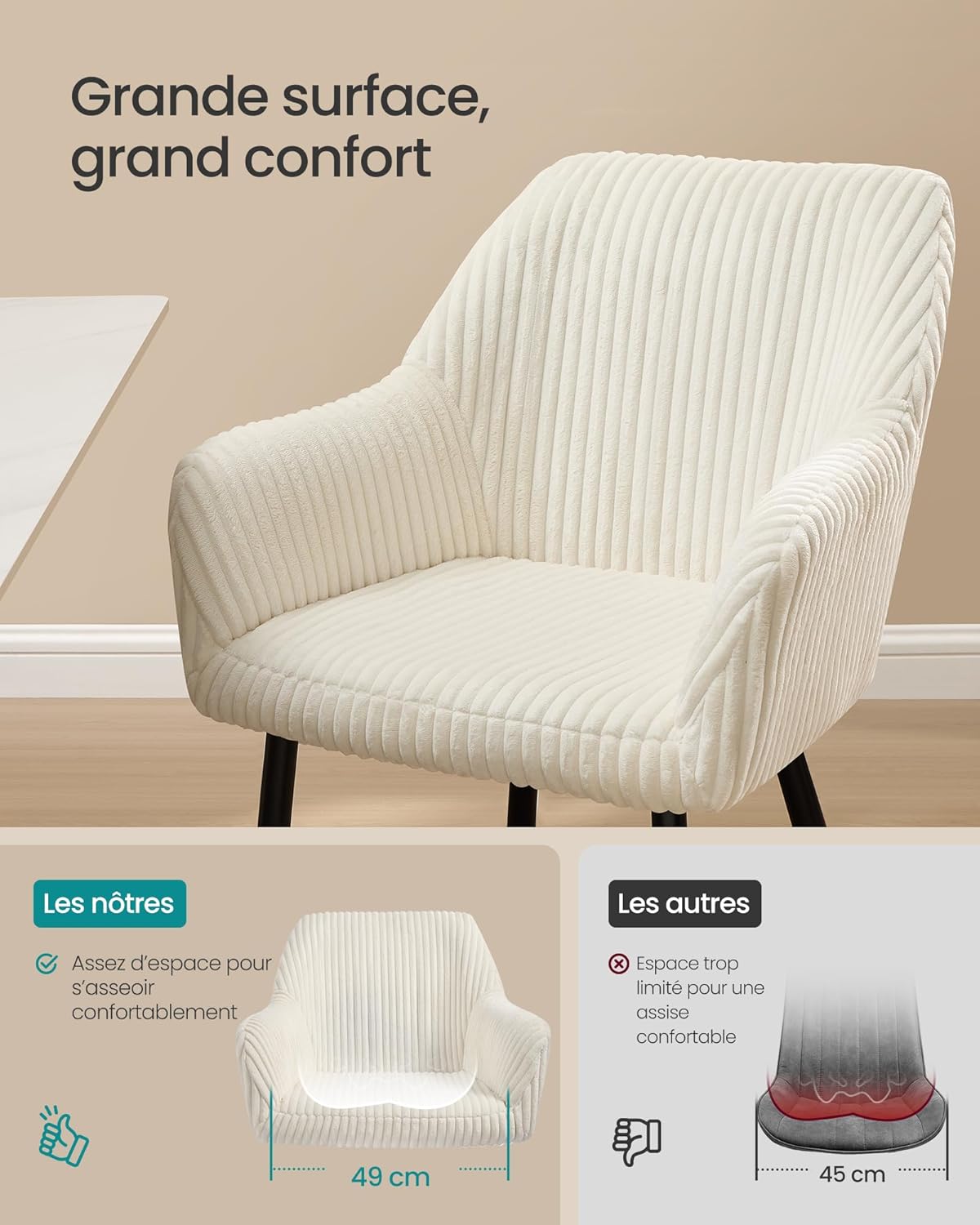 SONGMICS - chaises salle à manger velours, 120 kg, accoudoirs, métal, LDC087WD01-4J