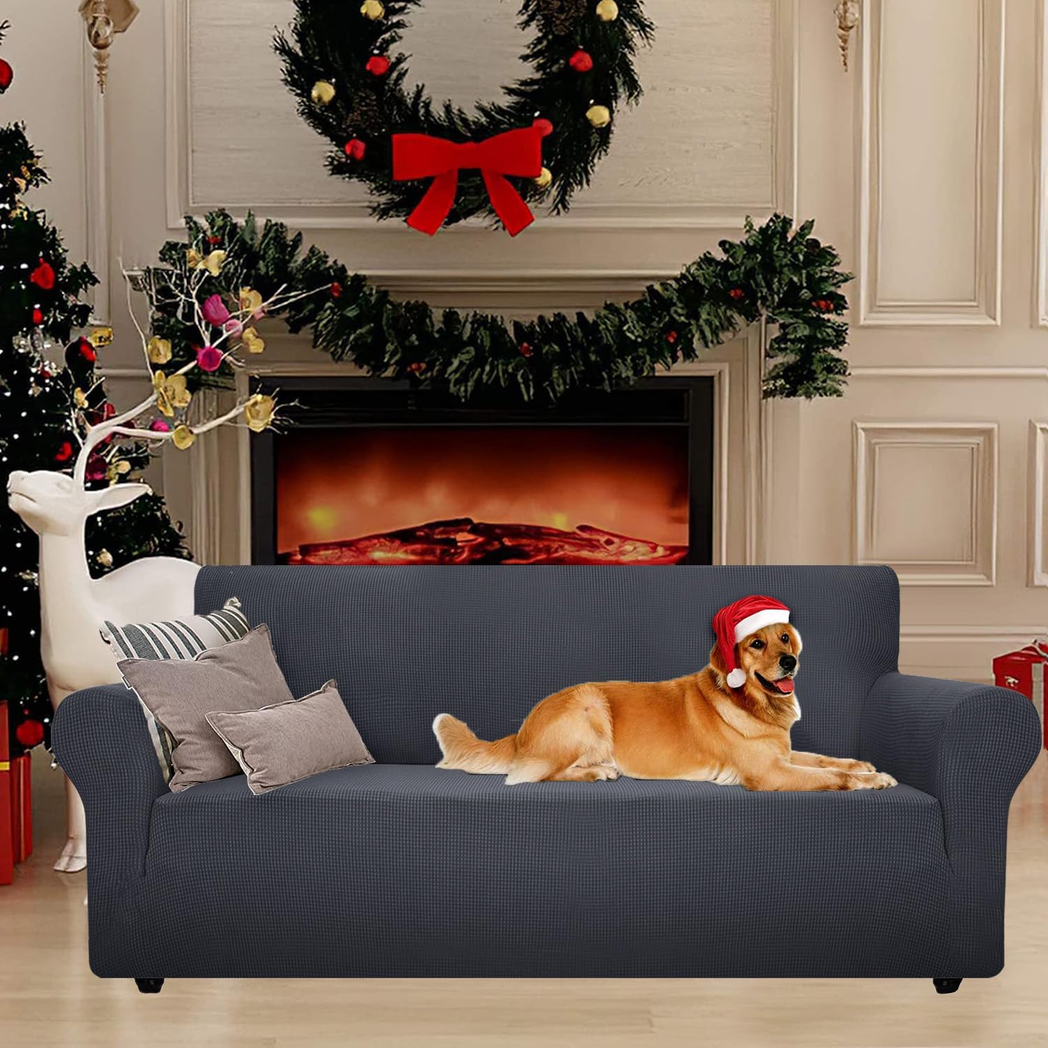 Housse canapé extensible 4 places, gris foncé, lavable, antidérapant