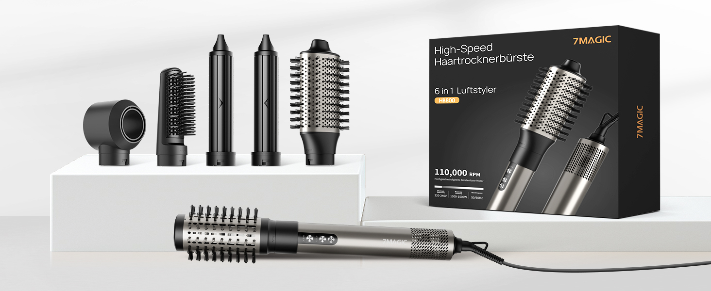 Collection d'outils et d'accessoires de coiffure noirs, y compris des sèche-cheveux et des brosses, présentée avec l'emballage du produit sur fond foncé.