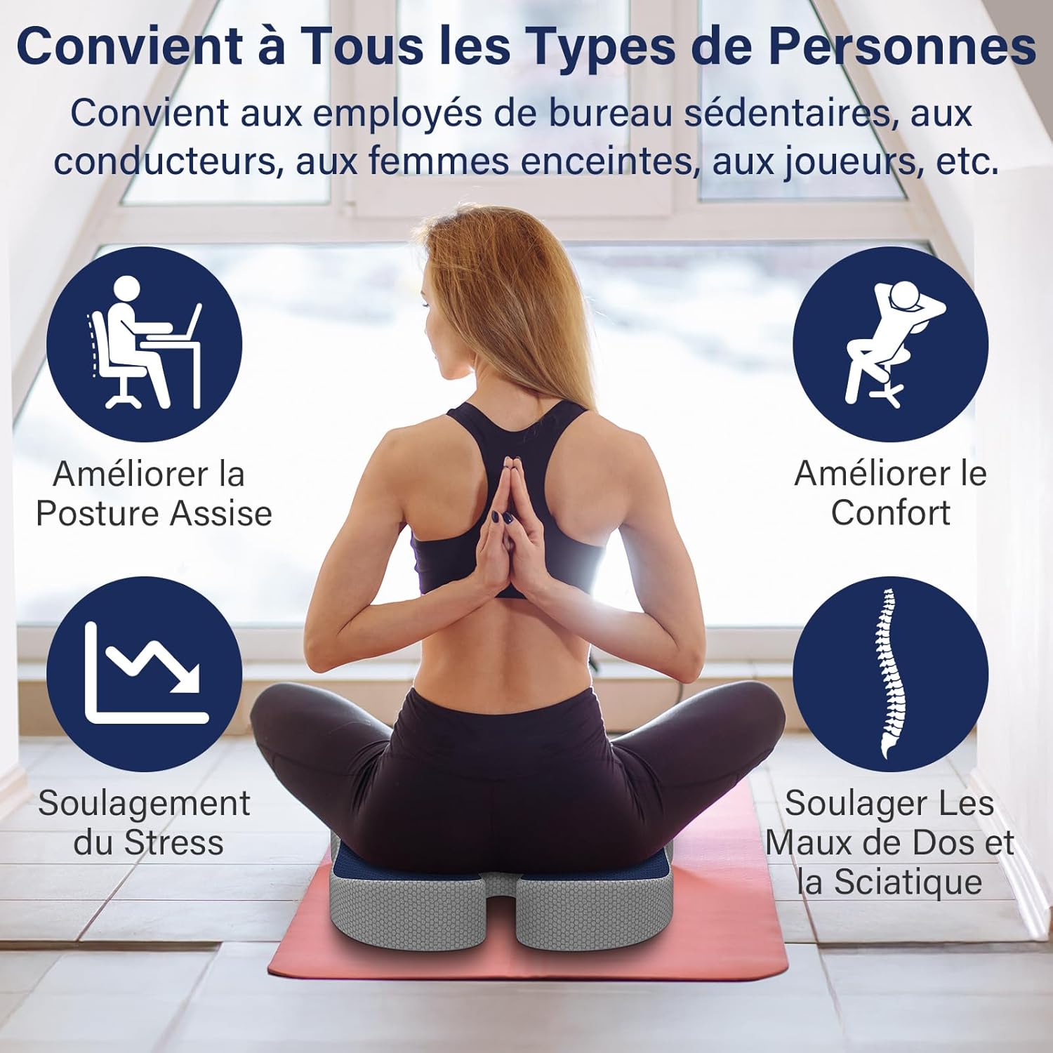 Coussin de siège - ergonomique pour coccyx, chaise, voiture, soulage douleurs sciatiques, bleu marine