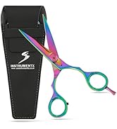 Ciseaux de coupe de cheveux professionnels avec finition métallique arc-en-ciel et étui noir. Dispose d'un manche ergonomique et de lames de précision tranchantes.