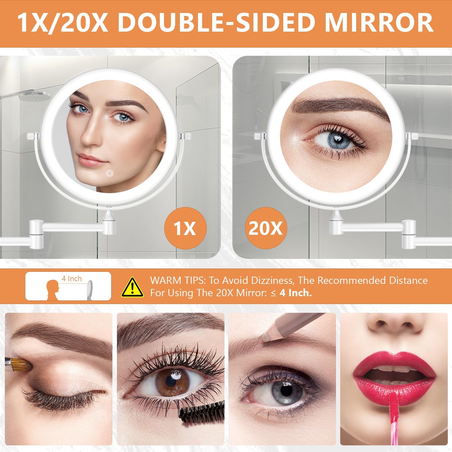 Auxmir - miroir mural LED, x20/1x, USB, 3 couleurs, tactile, 360°