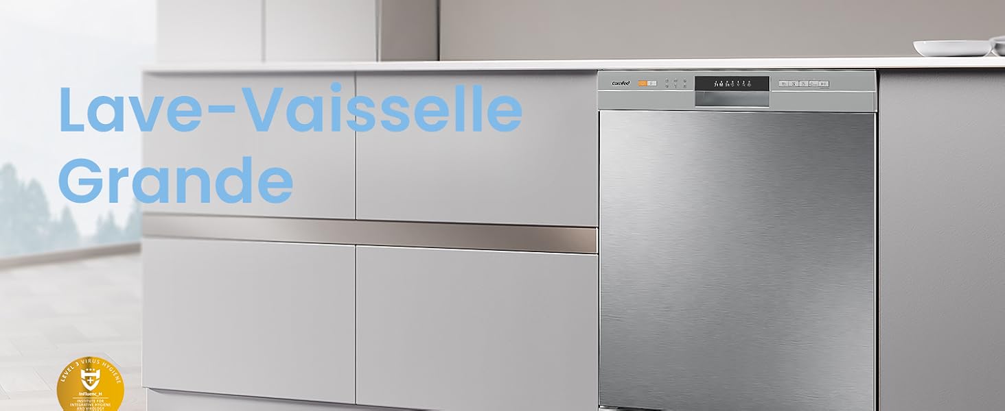 Le texte se lit comme suit : « Lave-vaisselle », « Grande ». Lave-vaisselle ou appareil en acier inoxydable de style commercial présenté sous plusieurs angles.