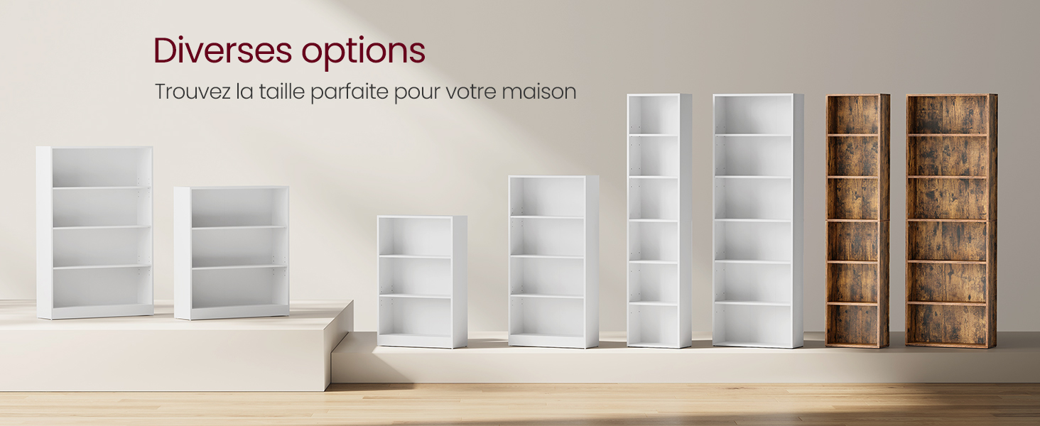 Diverses étagères modulaires présentées dans des finitions en blanc et en bois, allant de configurations petites à hautes, offrant diverses options de rangement pour l'organisation de la maison