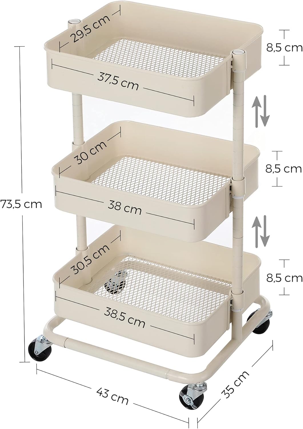SONGMICS - chariot 3 niveaux - tablette réglable, freins, BSC60WT