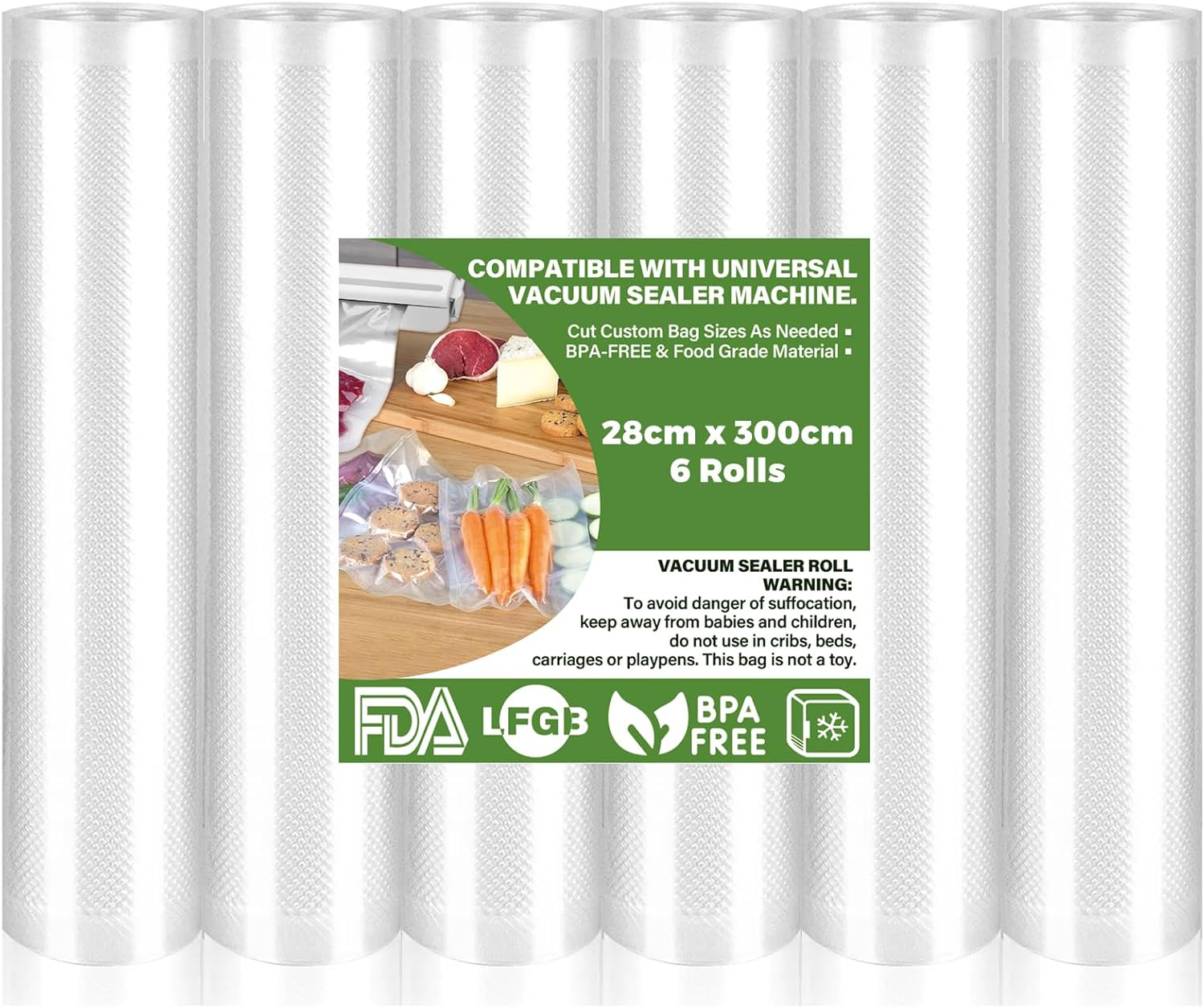 Rouleau sous vide alimentaire - 28x300cm - lot de 6, compatible toutes machines, sans BPA