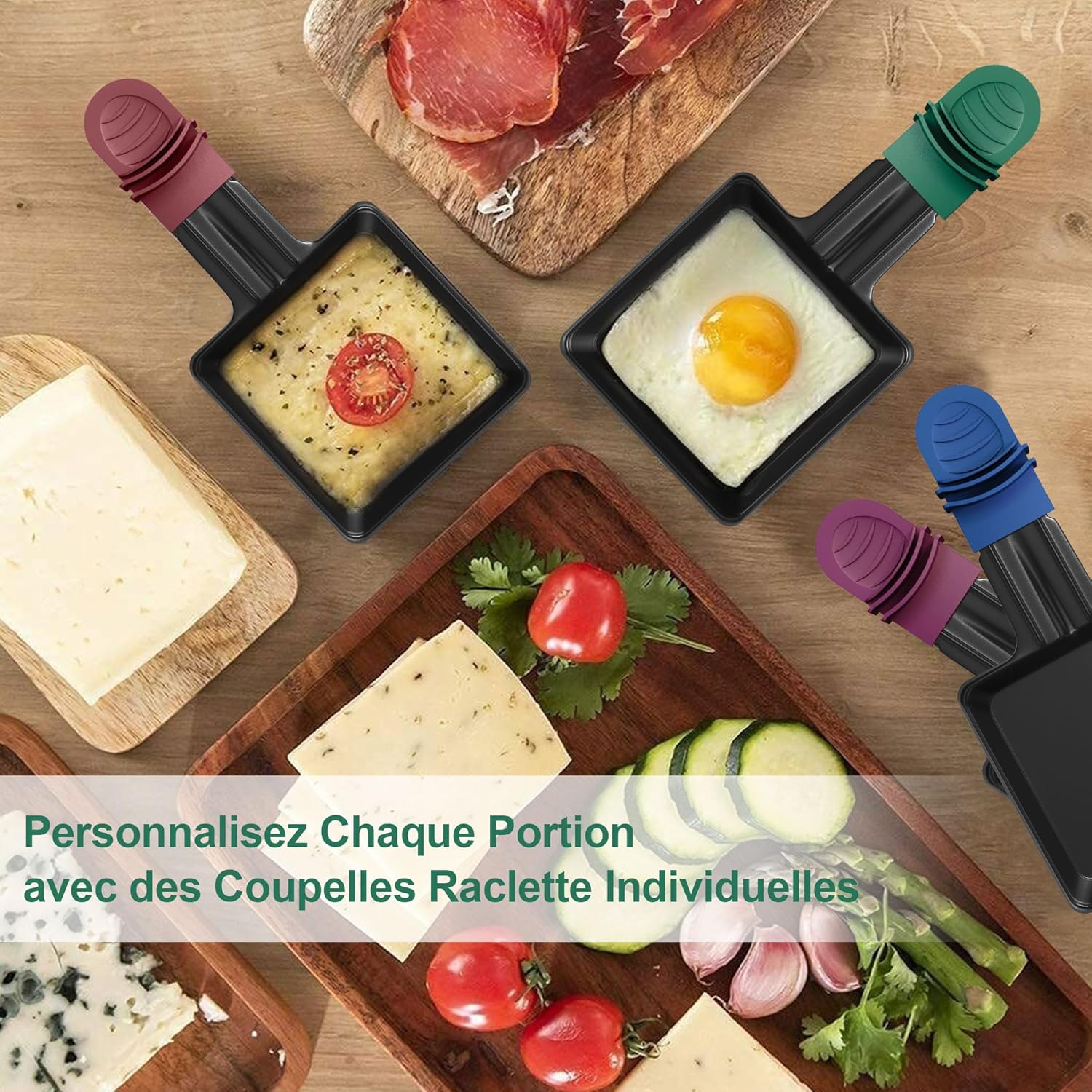 ipow - Lot de 8 poêlons carrés 12x8cm, revêtement antiadhésif, poignées colorées, avec 8 grattoirs bois