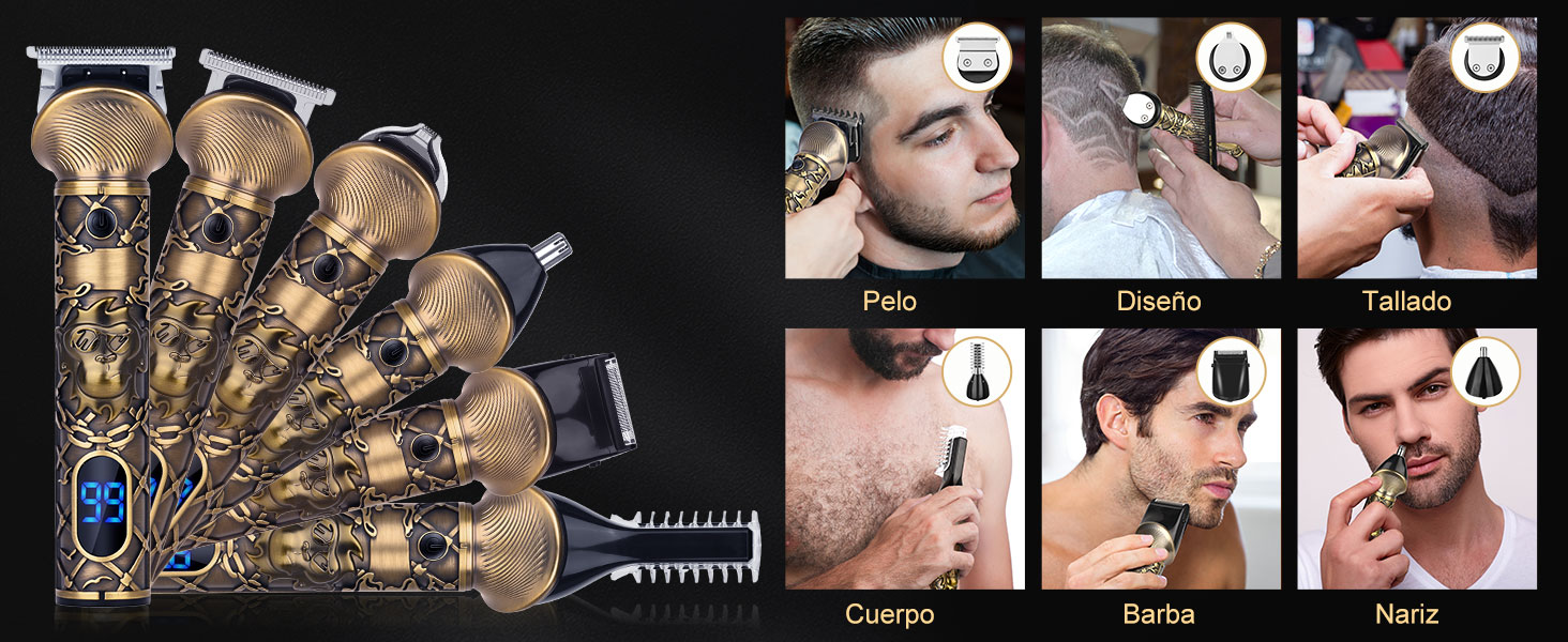 Collage d'une tondeuse à cheveux électrique avec des lames dorées. La gauche montre la tondeuse complète, les panneaux de droite indiquent l'utilisation sur les poils du visage.