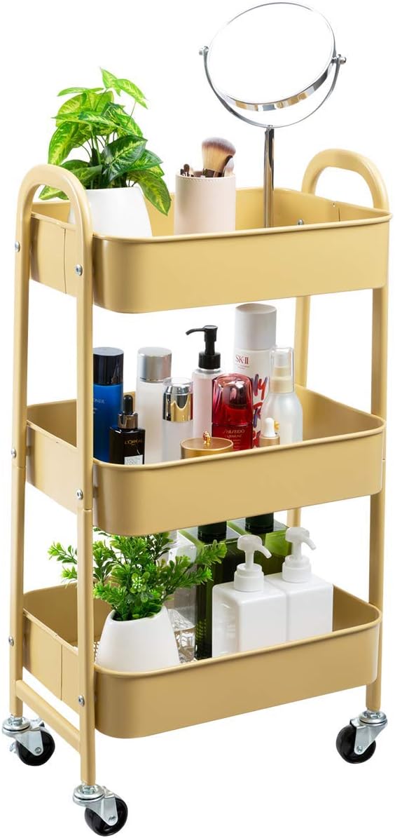 DOEWORKS - Chariot à roulettes 3 niveaux, métal, rangement cuisine, beige, compact