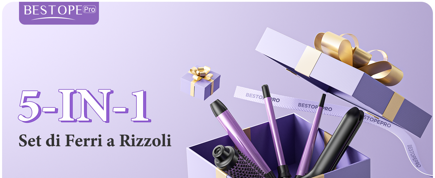 Le texte indique « BESLOPE », « Set di Ferri a Rizzoli » et « 5-EN-1 ». Image promotionnelle du produit montrant des outils de beauté sur fond dégradé violet.