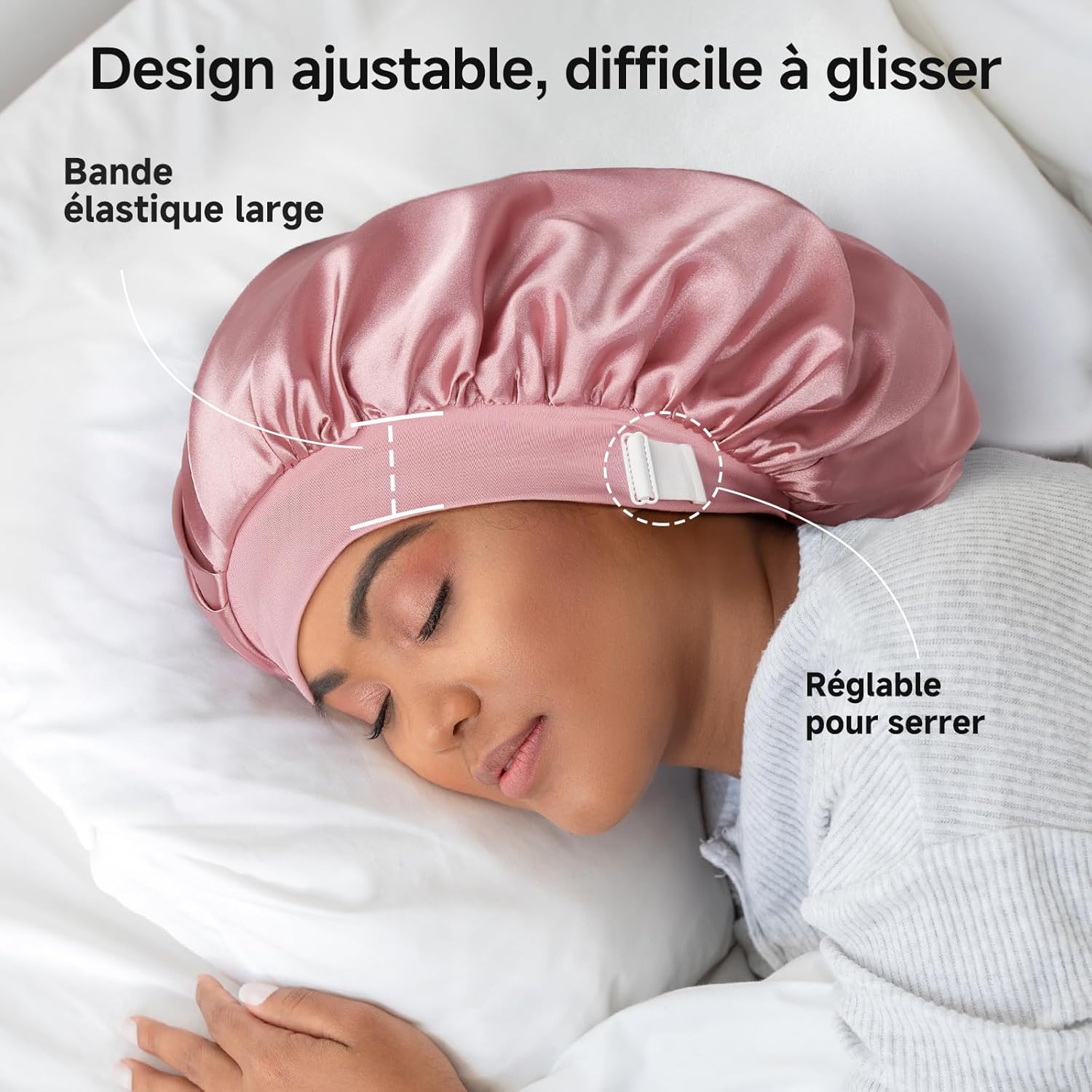 Umisleep - Bonnet nuit double soie 22 Momme, réglable, XL, cheveux longs