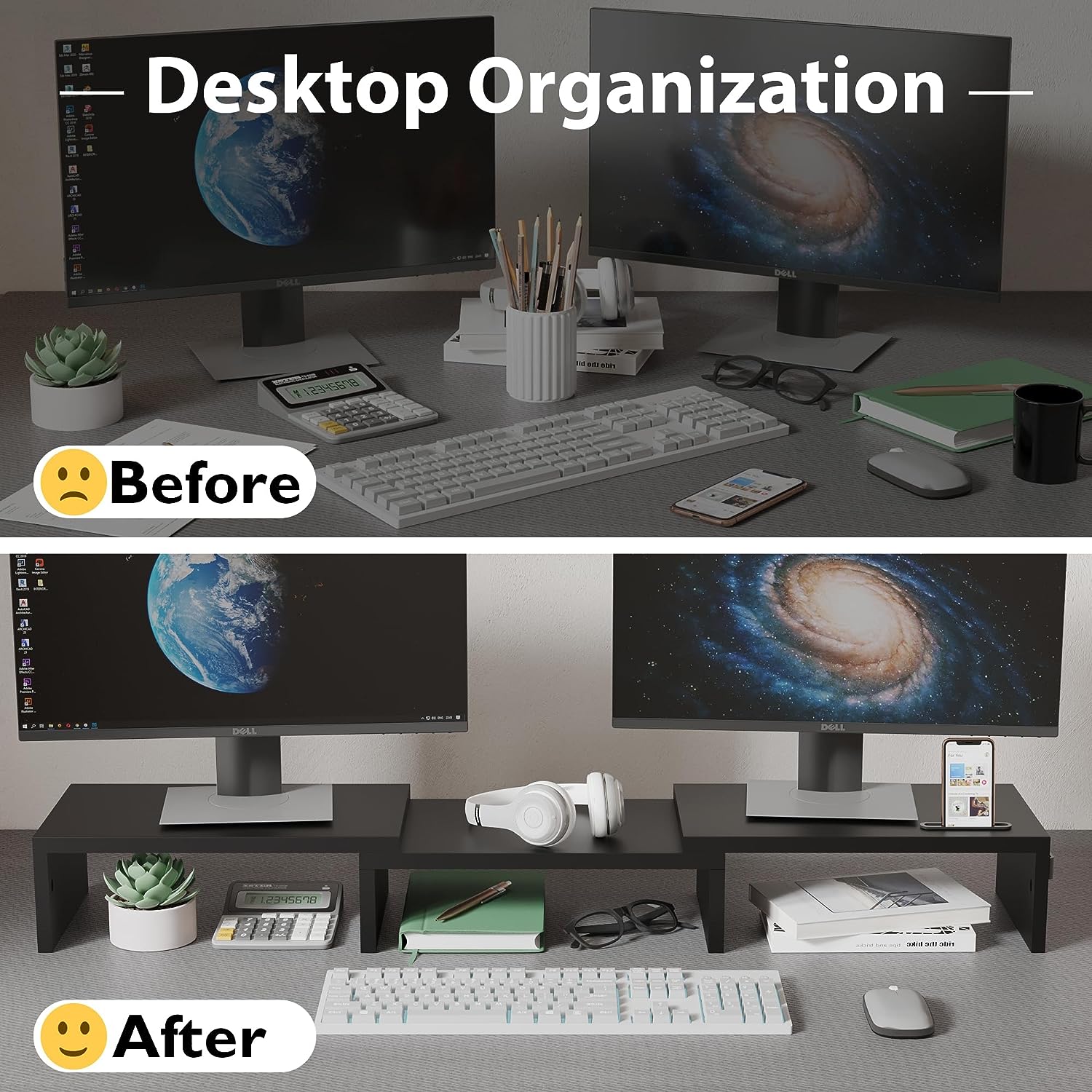 BONTEC - Support Moniteur Double - réglable bois noir - longueur et angle ajustables