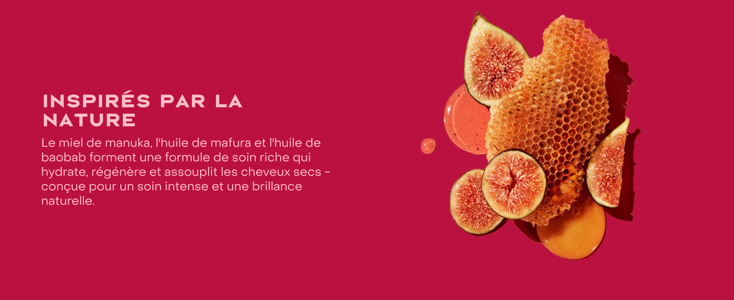 Le texte se lit comme suit : « INSPIRÉS PAR LA NATURE ». Image marketing montrant des motifs alvéolaires et ce qui semble être des agrumes sur fond rouge foncé.