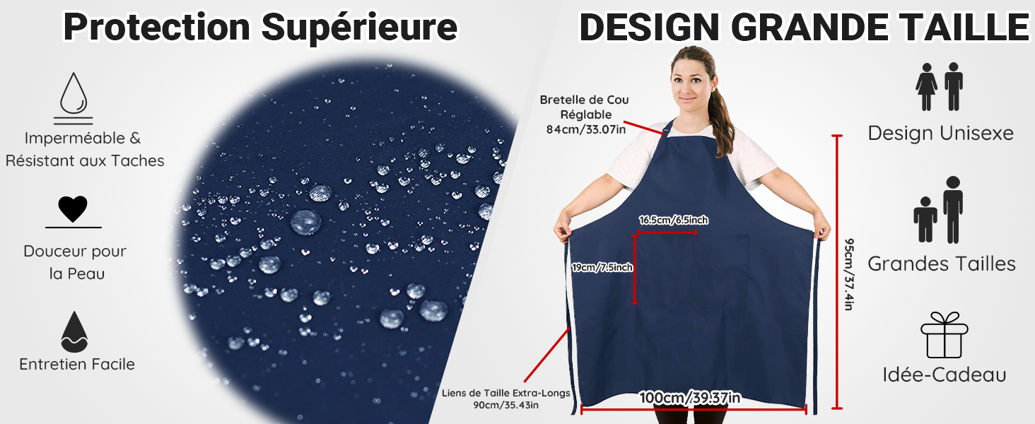 Le texte se lit comme suit : « Protection Supérieure DESIGN GRANDE TAILLE ». Infographie montrant les caractéristiques d'un tablier noir avec plusieurs icônes indiquant diverses qualités de protection.