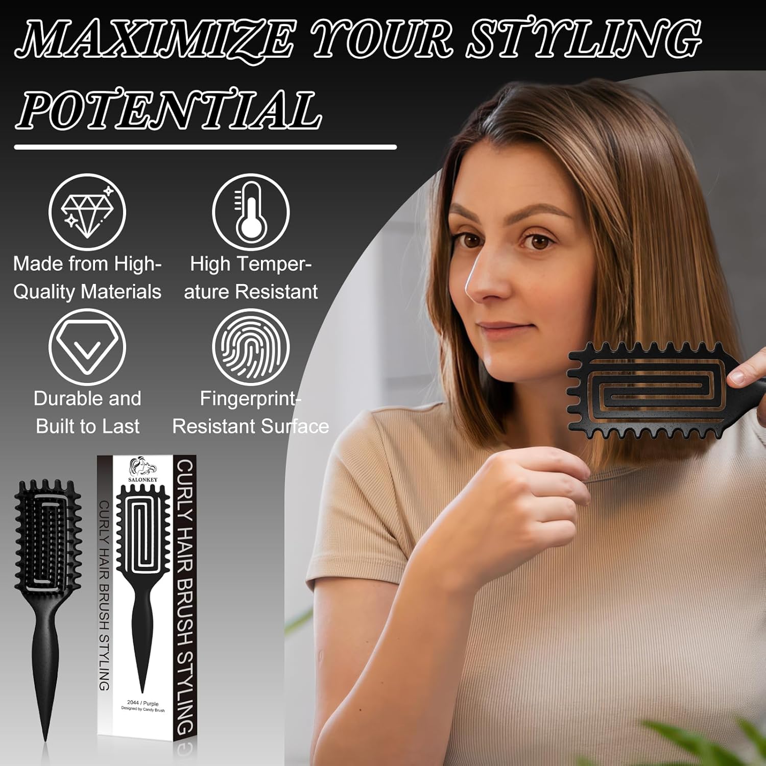 Brosse à boucles - démêlage doux, manche ergonomique, antistatique, adaptée tous âges - Noir