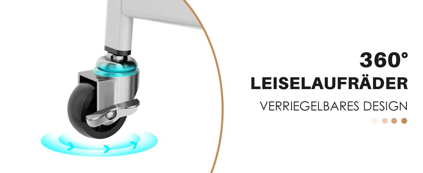 Le texte indique « 360° LEISELAUFRÄDER ». Schéma technique illustrant la conception du support rotatif avec des indicateurs de mouvement circulaires turquoises.