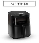 Le texte indique « FRITEUSE À AIR ». Appareil de cuisine noir compact au design cubique avec bords arrondis et interface de commande numérique.