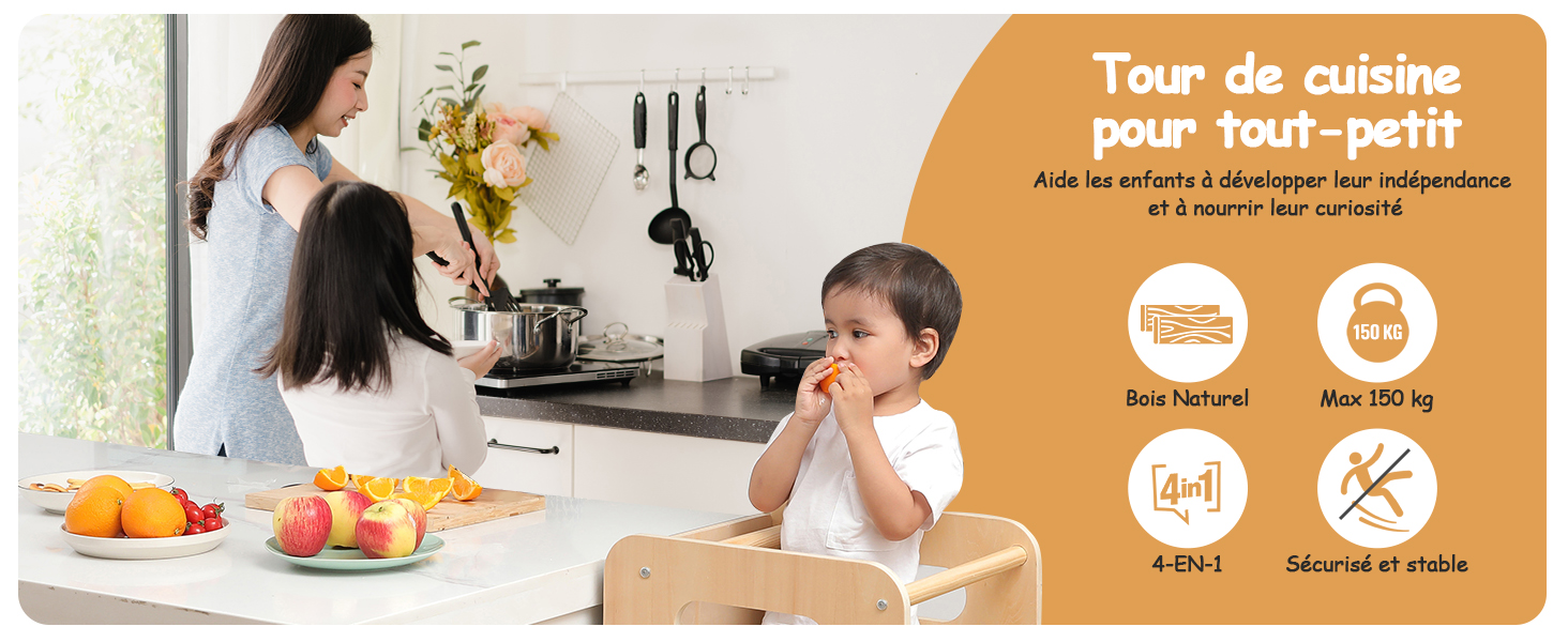 Scène de cuisine avec un adulte et un enfant. Superposition de texte « Tour de cuisine pour tout-petit ». Les icônes indiquent plus de 6 mois et 15 minutes.