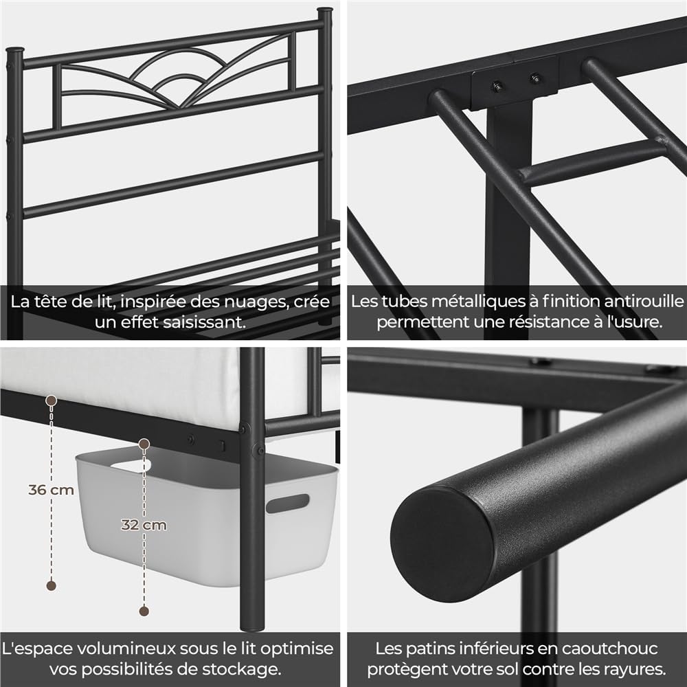 Yaheetech - cadre de lit simple - 90x190 cm - métal, montage facile, noir