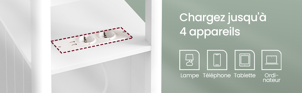Étagère blanche avec plusieurs ports de charge. Le texte indique qu'il peut charger jusqu'à 4 appareils, avec des icônes pour ordinateur portable, tablette, téléphone et montre.