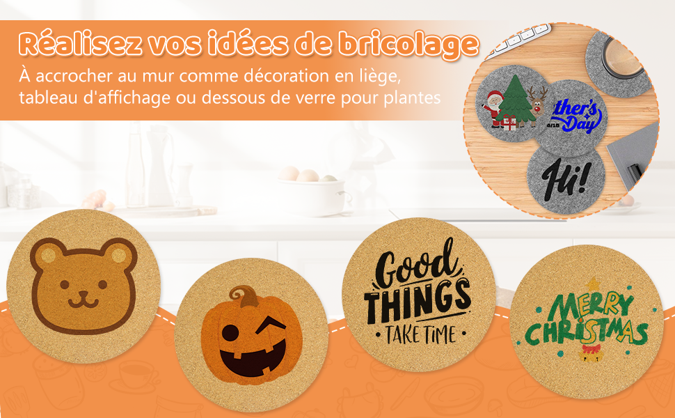 Collection de dessous de verre circulaires ornés de divers motifs imprimés, notamment des smileys, des citrouilles et des textes sur lesquels on peut lire « Good Things » et « Chill Pals ».