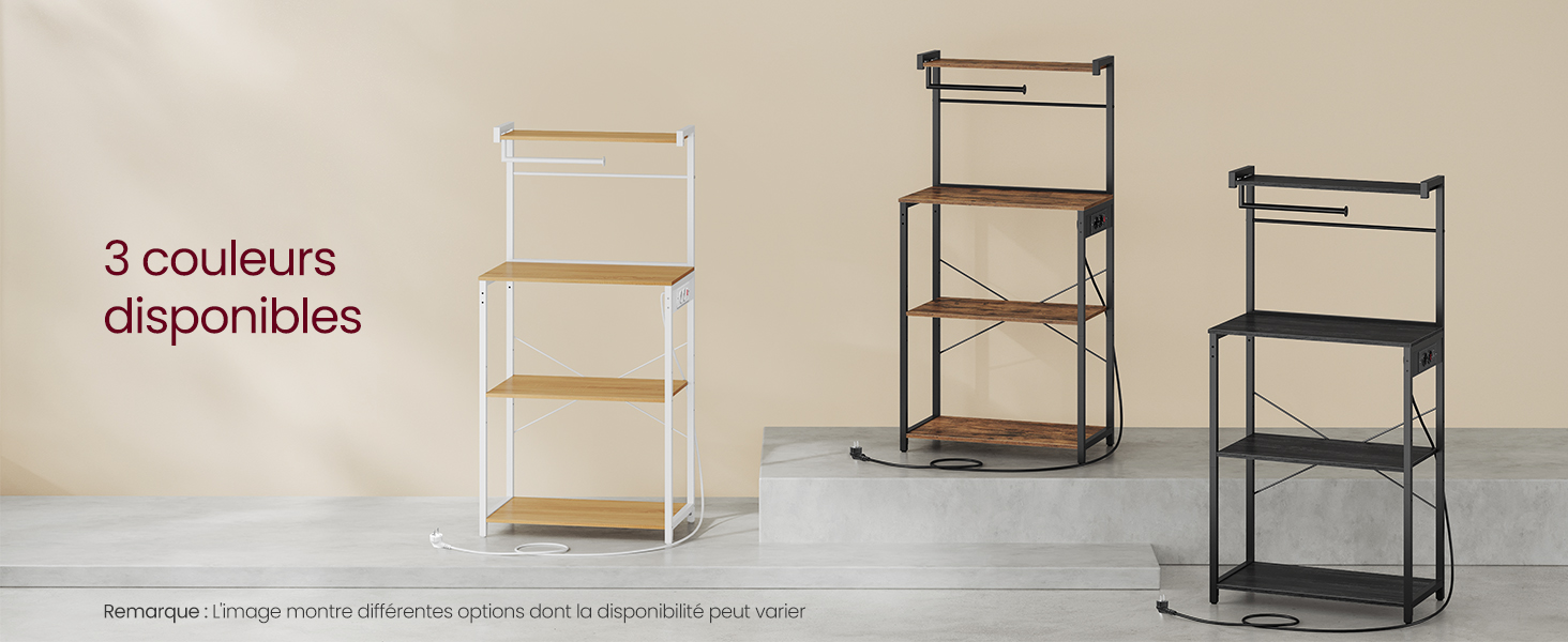 Étagères de rangement à trois niveaux dans les tons blanc, noir et bois. Structure en métal avec étagères en bois. Le texte indique « 3 couleurs disponibles » (3 couleurs