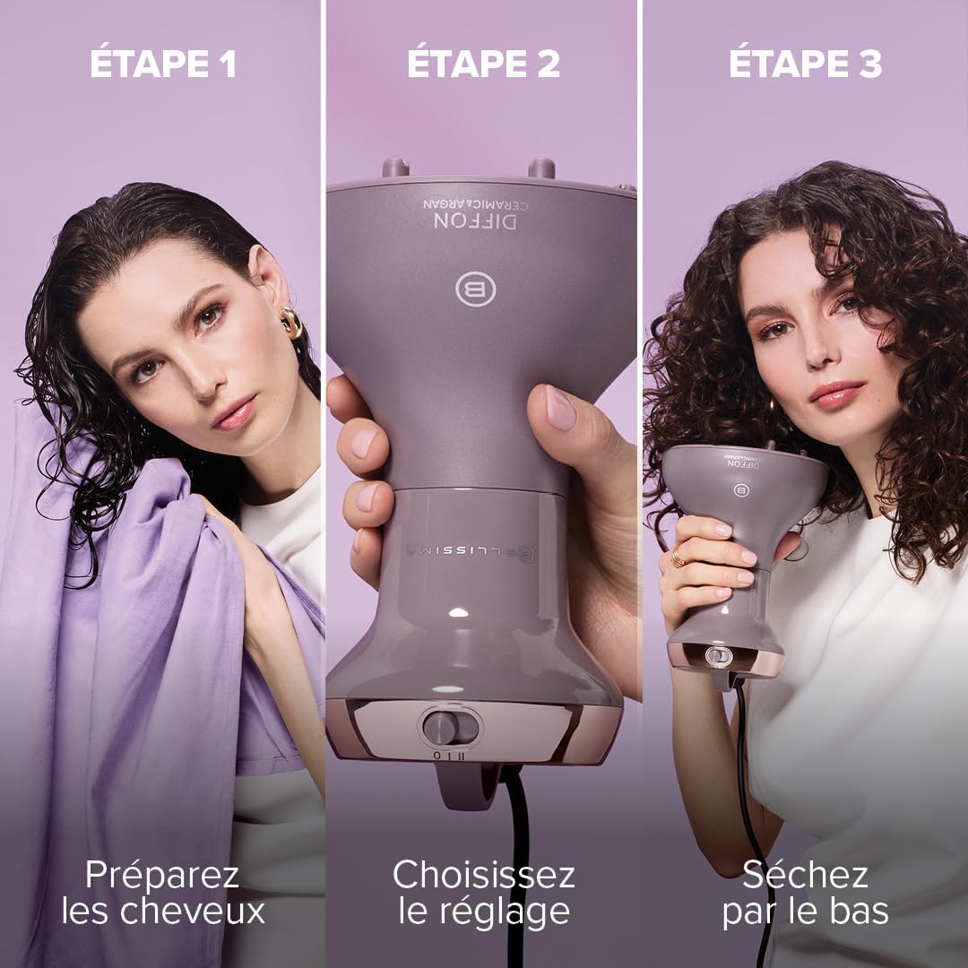 Belissima – Diffuseur Sèche-cheveux Pro – Gris Rose – Boucles, chaleur homogène, séchage rapide