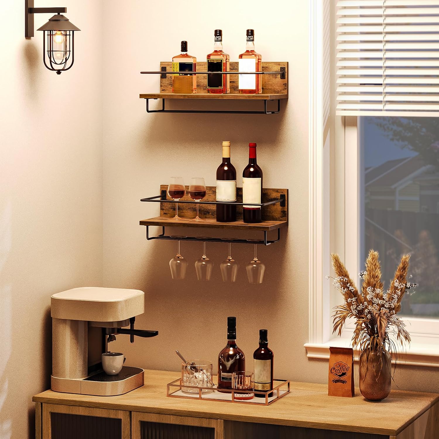 HOOBRO - Porte-bouteilles mural 2 pcs, bois métal, rangement verres, EBF28BJ01